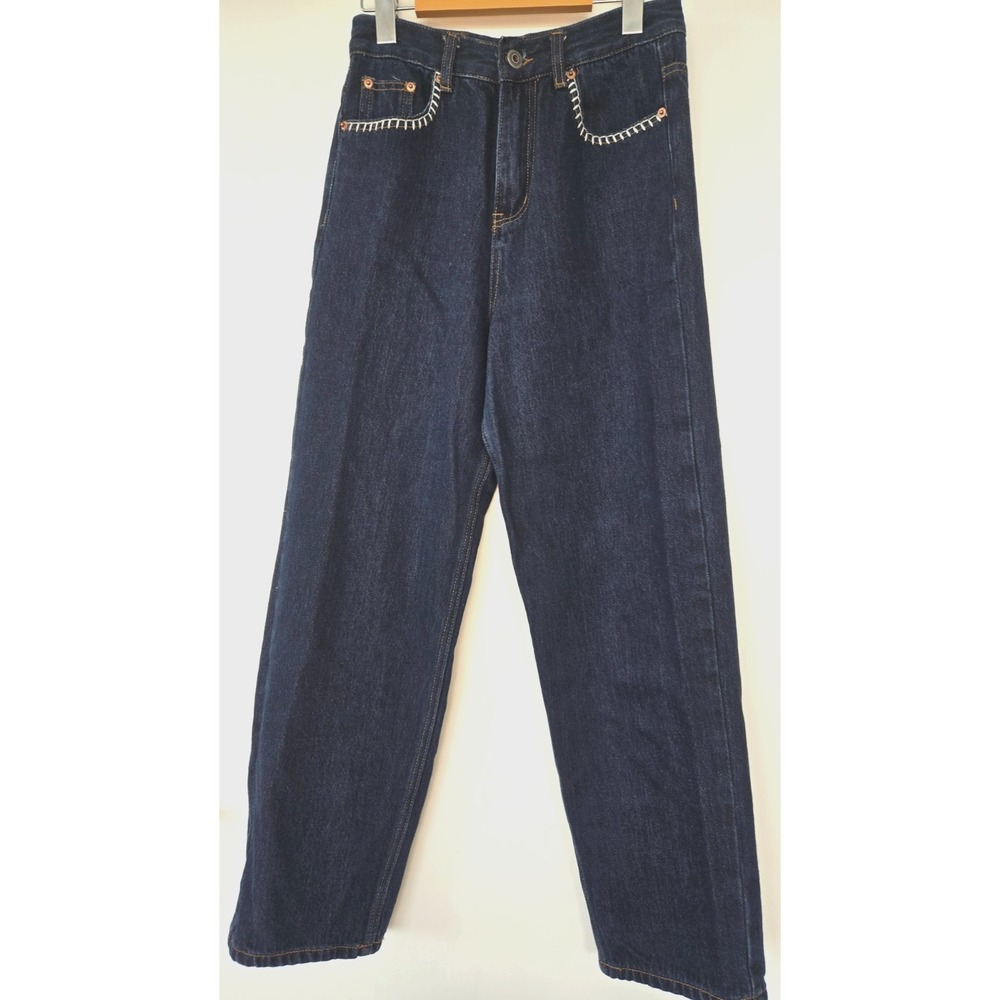 Petit Bari New York Jeans Wide Leg Barrel Highrise Deep Blue White Stitches Sz26